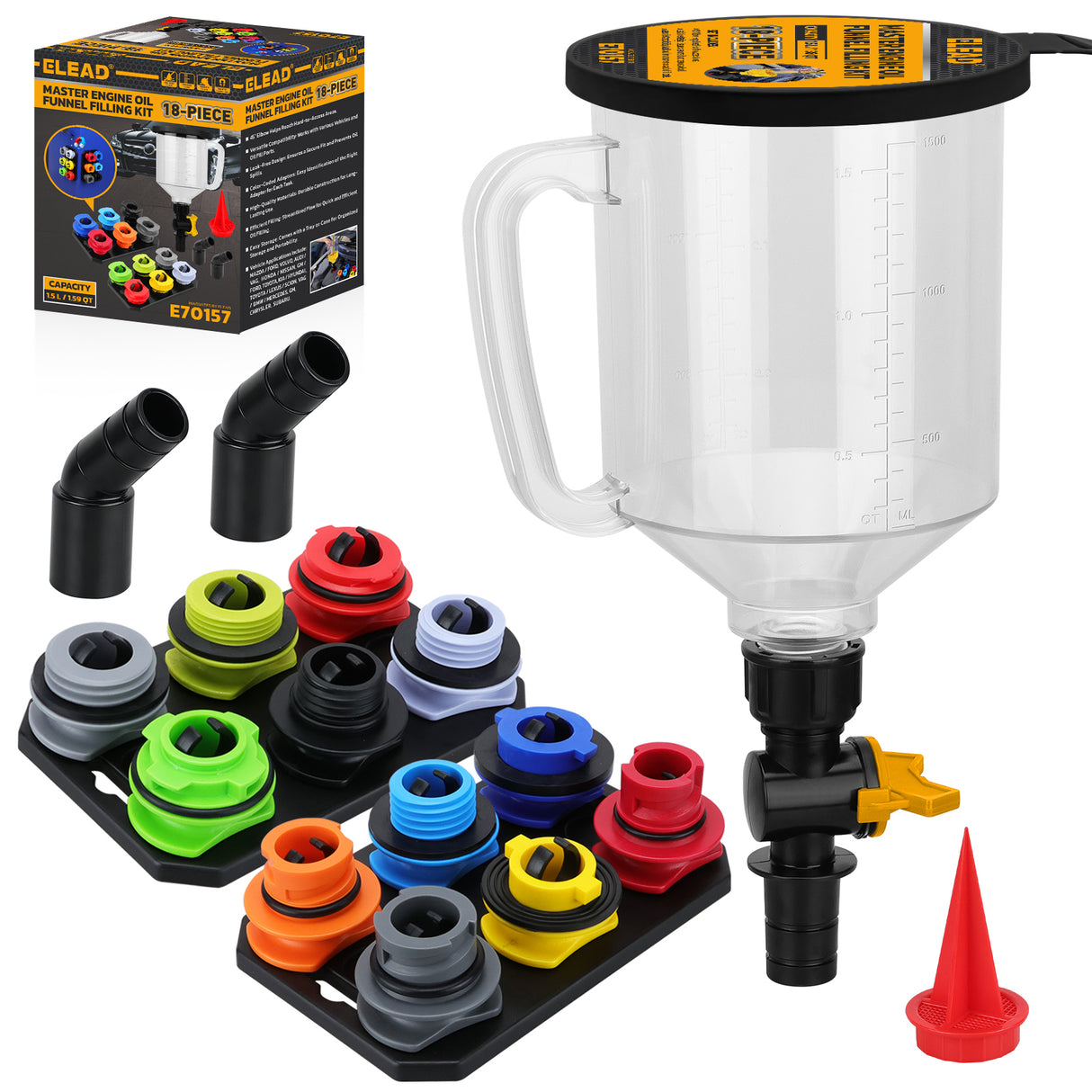 18-piece engine oil funnel filling kit with 1.5L funnel, color-coded adapters, valve control and magnetic storage trays for clean oil changes