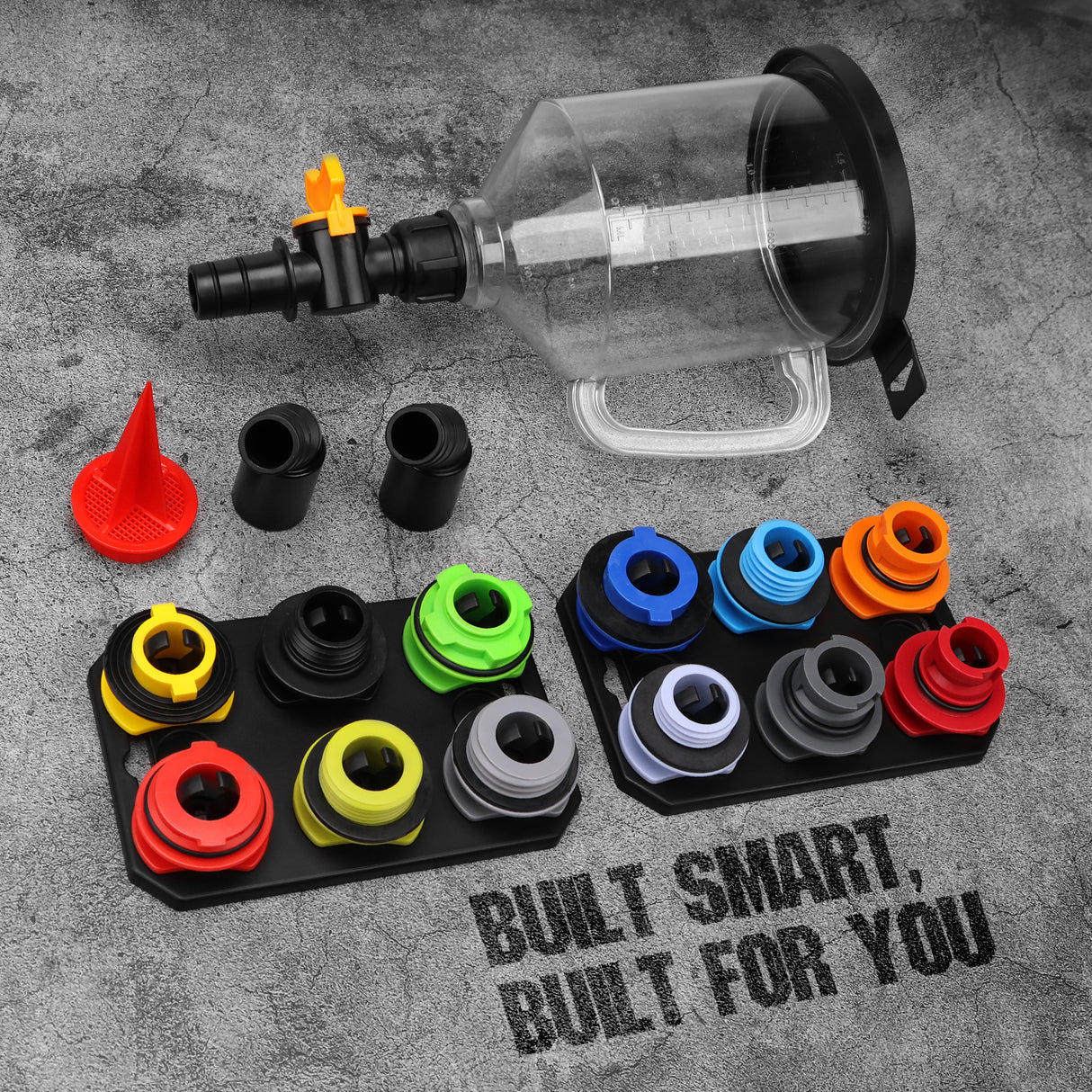 18-piece engine oil funnel filling kit with 1.5L funnel, color-coded adapters, valve control and magnetic storage trays for clean oil changes