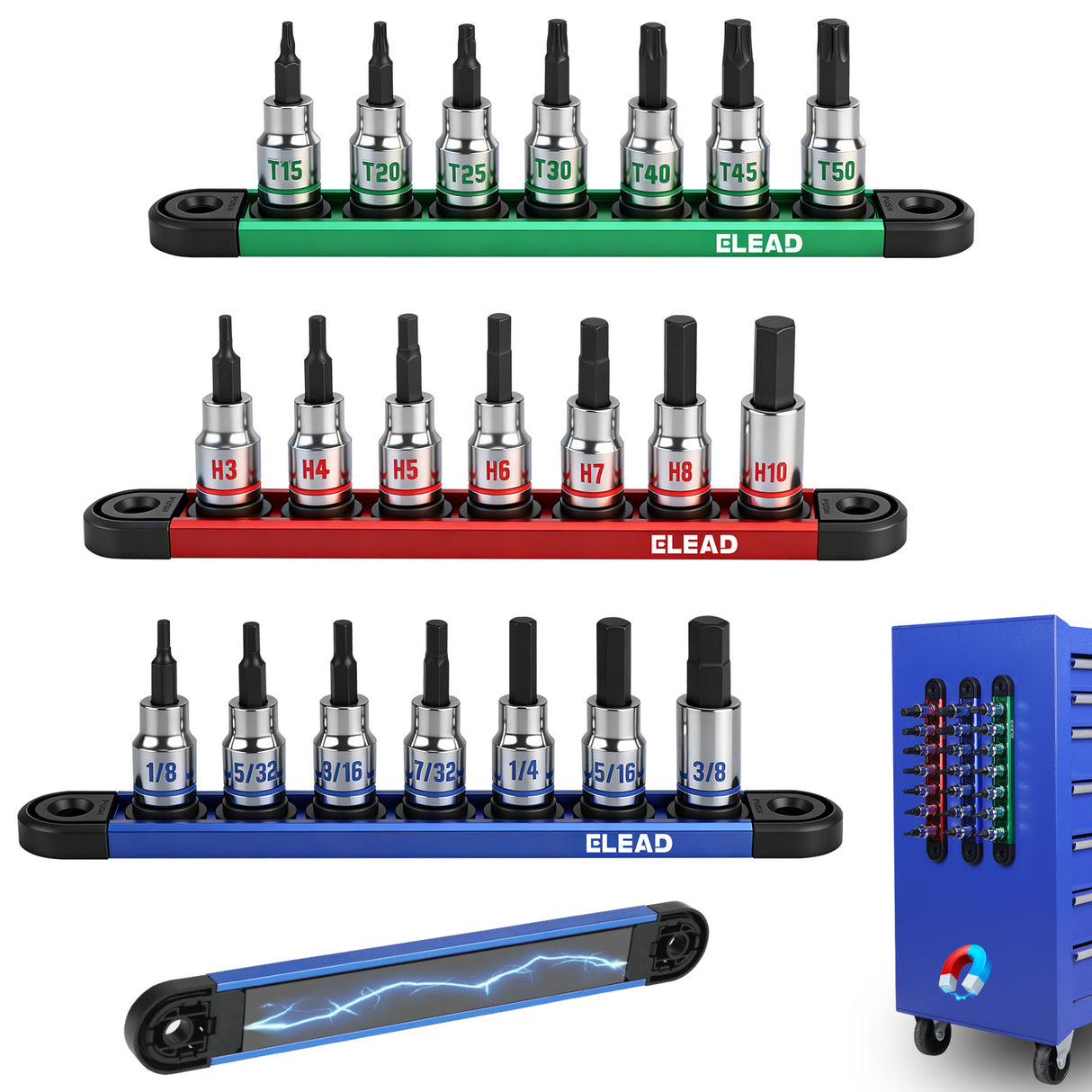 ELEAD 3/8 inch drive 21 piece hex and torx bit socket set with magnetic rails, metric and SAE allen bits for automotive and mechanical use