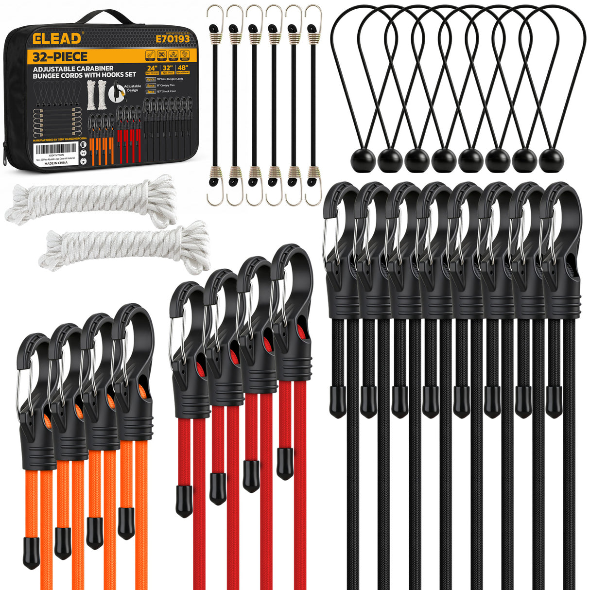 adjustable bungee cords set with carabiner hooks, heavy duty elastic tie down cords for camping, cargo securing, roof racks, storage organization and outdoor use