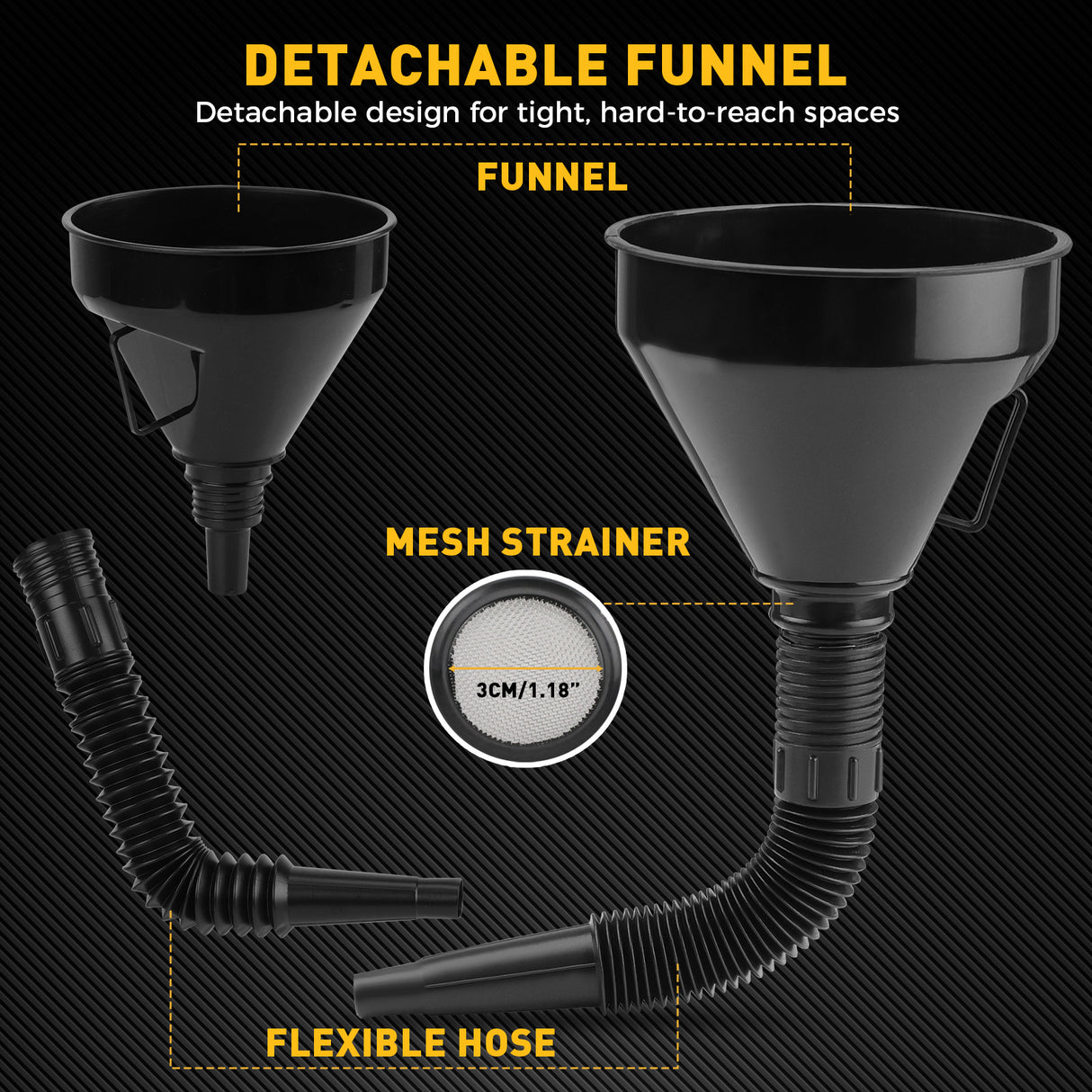 20-piece no-spill coolant funnel kit with 2L translucent funnel, quick-release valve, adapters, extensions, elbows, flexible hose and circular funnels for radiator filling and coolant bleeding