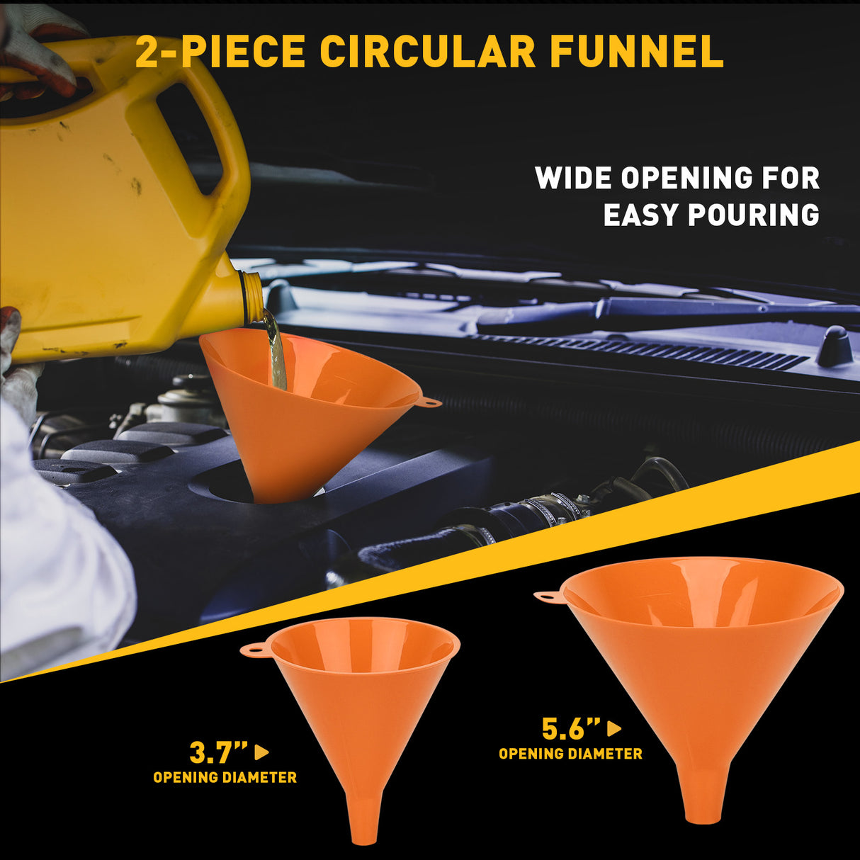 20-piece no-spill coolant funnel kit with 2L translucent funnel, quick-release valve, adapters, extensions, elbows, flexible hose and circular funnels for radiator filling and coolant bleeding