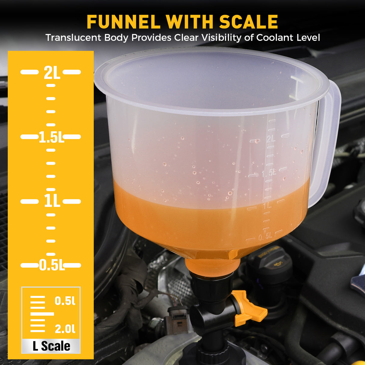 20-piece no-spill coolant funnel kit with 2L translucent funnel, quick-release valve, adapters, extensions, elbows, flexible hose and circular funnels for radiator filling and coolant bleeding
