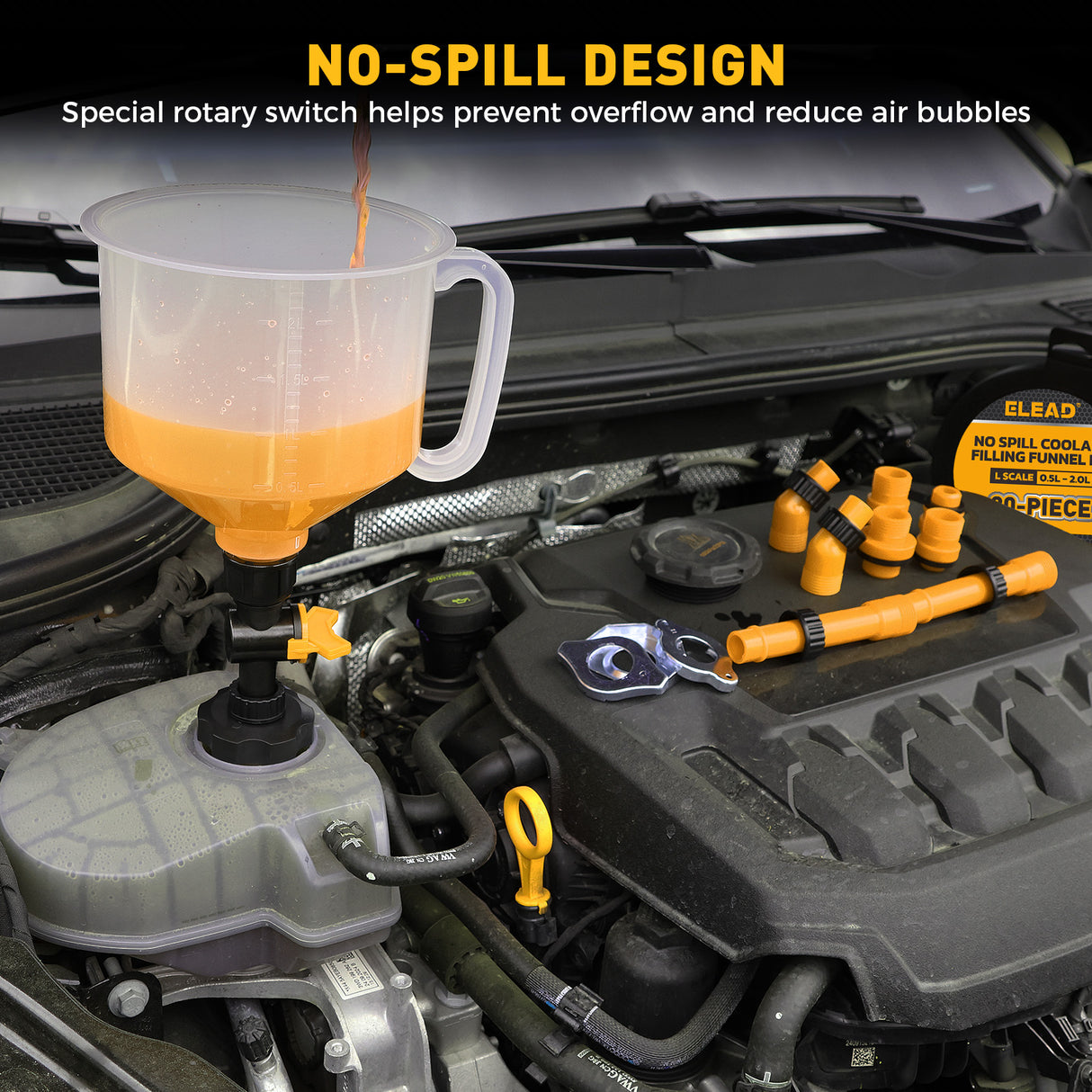 20-piece no-spill coolant funnel kit with 2L translucent funnel, quick-release valve, adapters, extensions, elbows, flexible hose and circular funnels for radiator filling and coolant bleeding