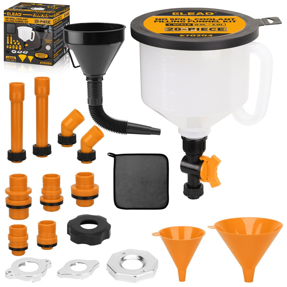 20-piece no-spill coolant funnel kit with 2L translucent funnel, quick-release valve, adapters, extensions, elbows, flexible hose and circular funnels for radiator filling and coolant bleeding