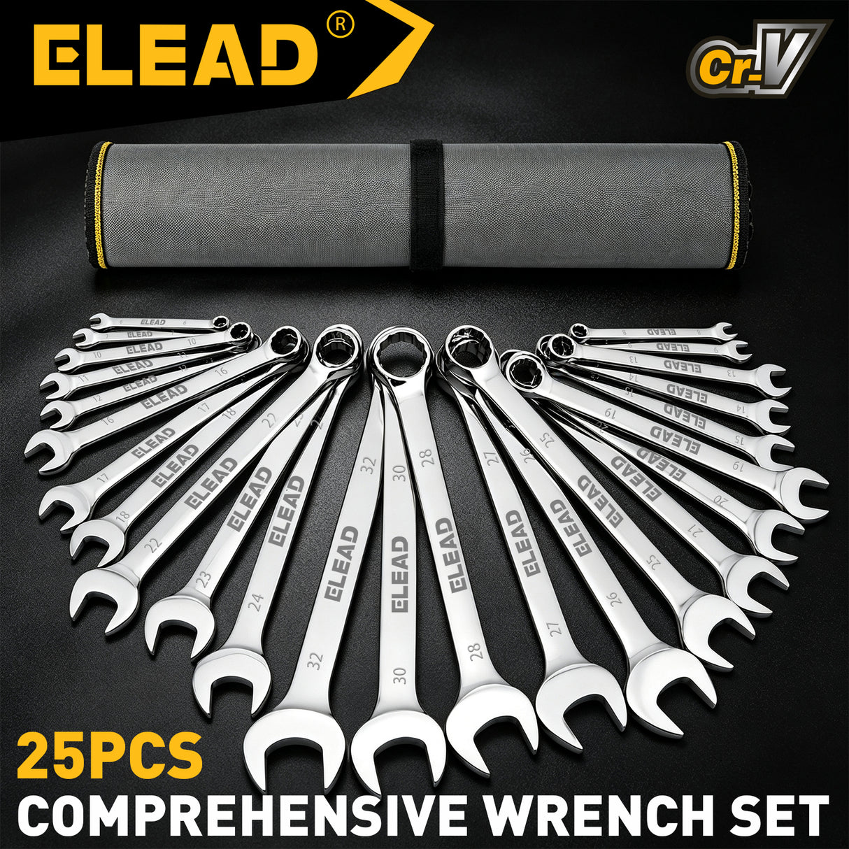 25-piece metric combination wrench set with 6-28mm, 30mm and 32mm CR-V open-end and 12-point box-end wrenches in a roll-up tool pouch