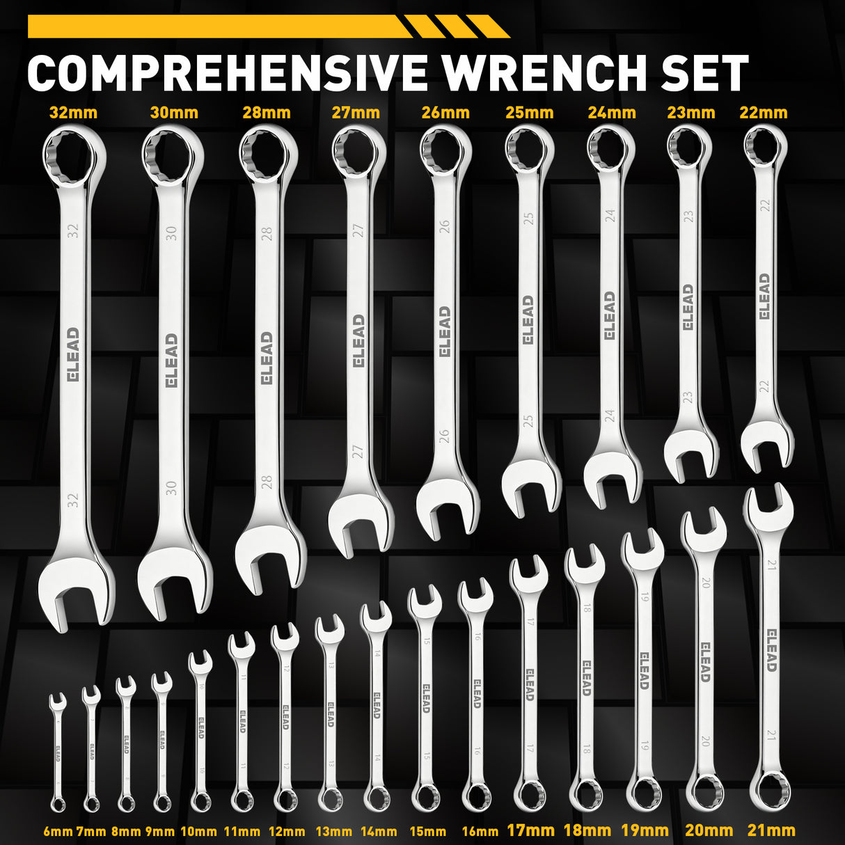25-piece metric combination wrench set with 6-28mm, 30mm and 32mm CR-V open-end and 12-point box-end wrenches in a roll-up tool pouch