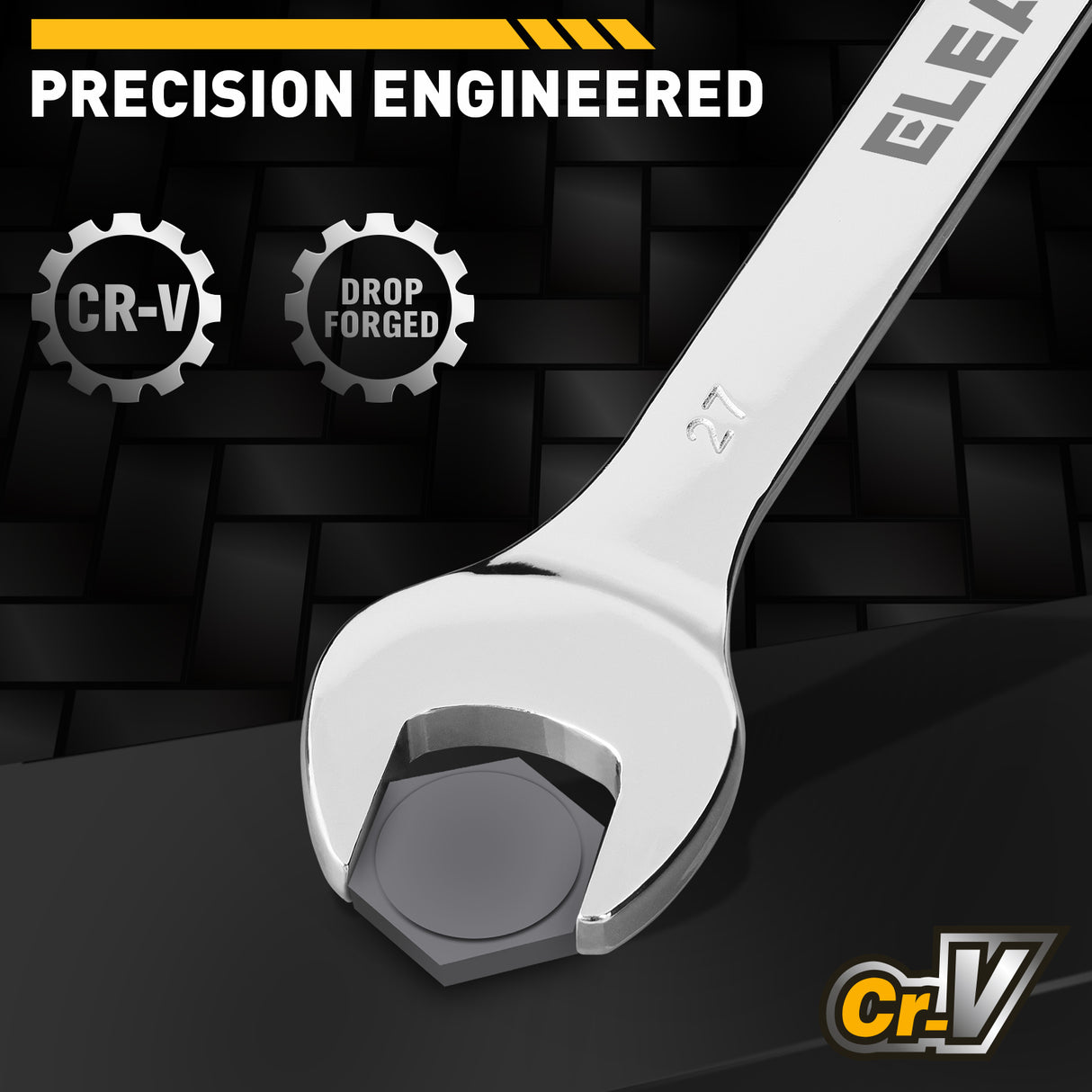 25-piece metric combination wrench set with 6-28mm, 30mm and 32mm CR-V open-end and 12-point box-end wrenches in a roll-up tool pouch