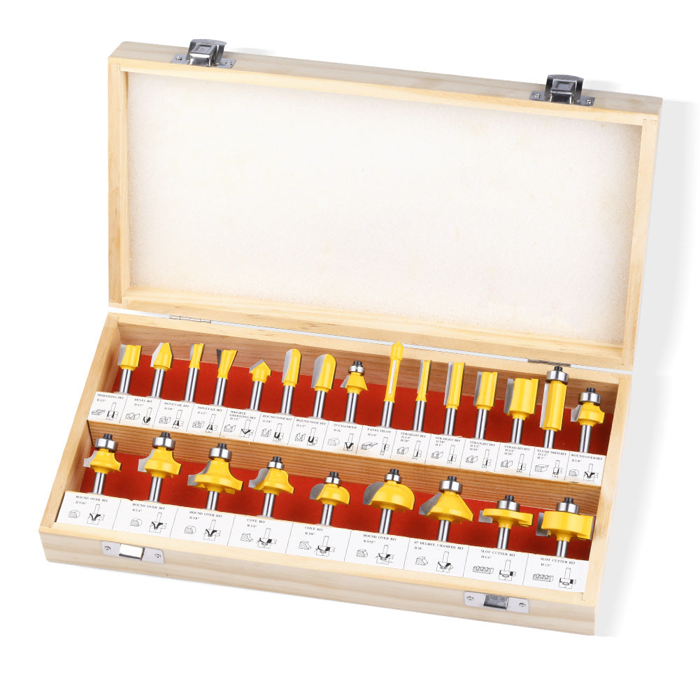24-piece 1/4 inch shank router bits set in wooden storage case with straight, flush trim, round over, cove, chamfer, dovetail, mortising, slot cutter and grooving bits for woodworking