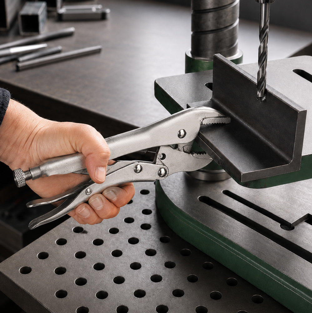 straight jaw locking pliers available in 7-inch and 10-inch sizes with adjustable tension screw, quick-release trigger and Cr-Mo steel jaws