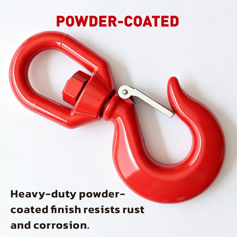heavy-duty swivel lifting hook with safety latch and red powder-coated finish for rigging, hoisting and material handling