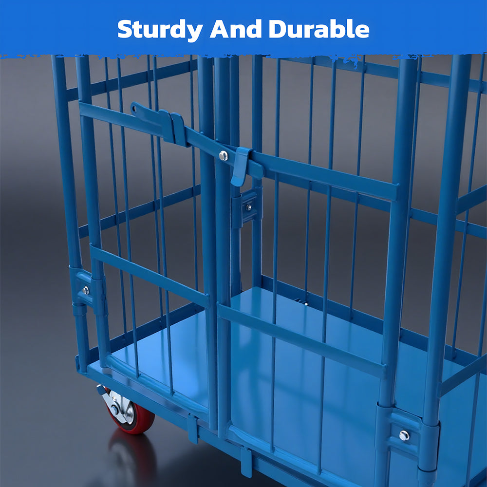 Blue heavy duty double-door logistics trolley cage with lockable swivel rubber wheels for warehouse storage and transport
