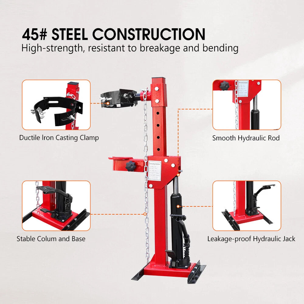4.5 Ton hydraulic shock spring compressor with adjustable clamps and steel safety chain for car suspension and coil spring removal.