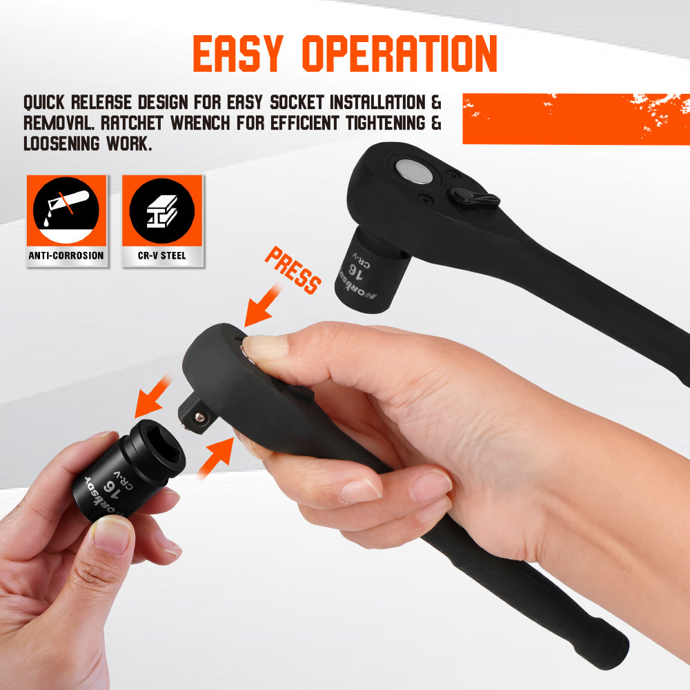 12-Piece 1/2" Drive Ratchet Socket Wrench Set with Metric Sockets 10-19mm, 72T Quick Release Ratchet, and 6" Extension Bar for Car and Garage Repair