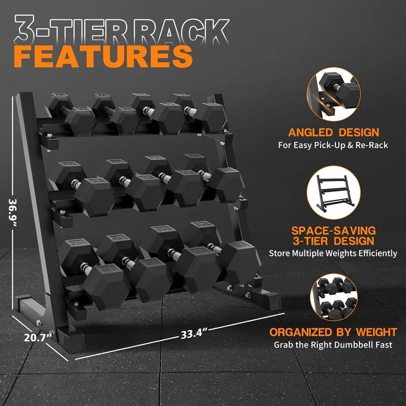 350 lb or 450 lb hex dumbbell set with 3-tier storage rack, anti-roll heads and knurled handles for home gym strength training