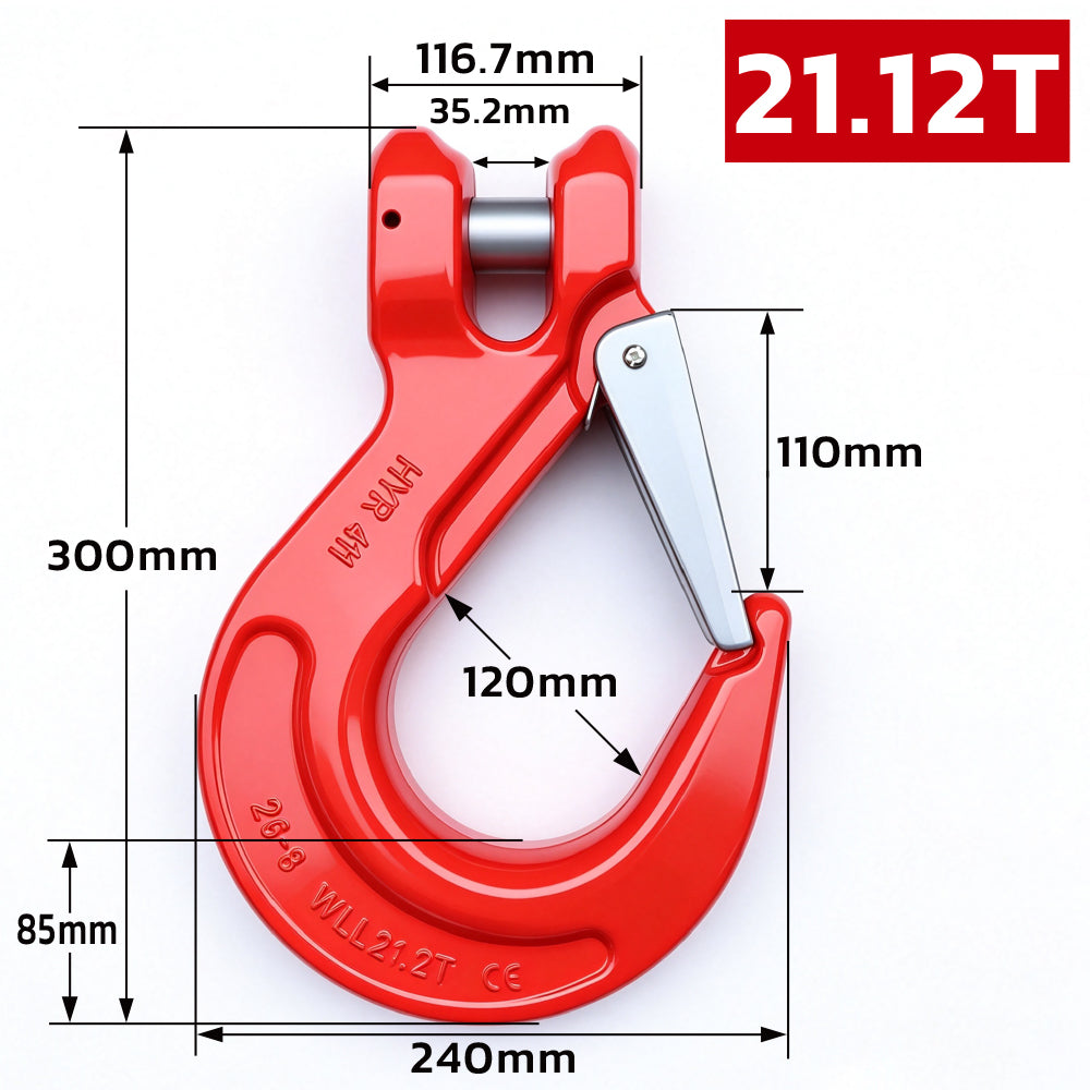 heavy-duty clevis slip hook with safety latch, cotter pin and red powder-coated finish for lifting, towing, recovery and rigging applications