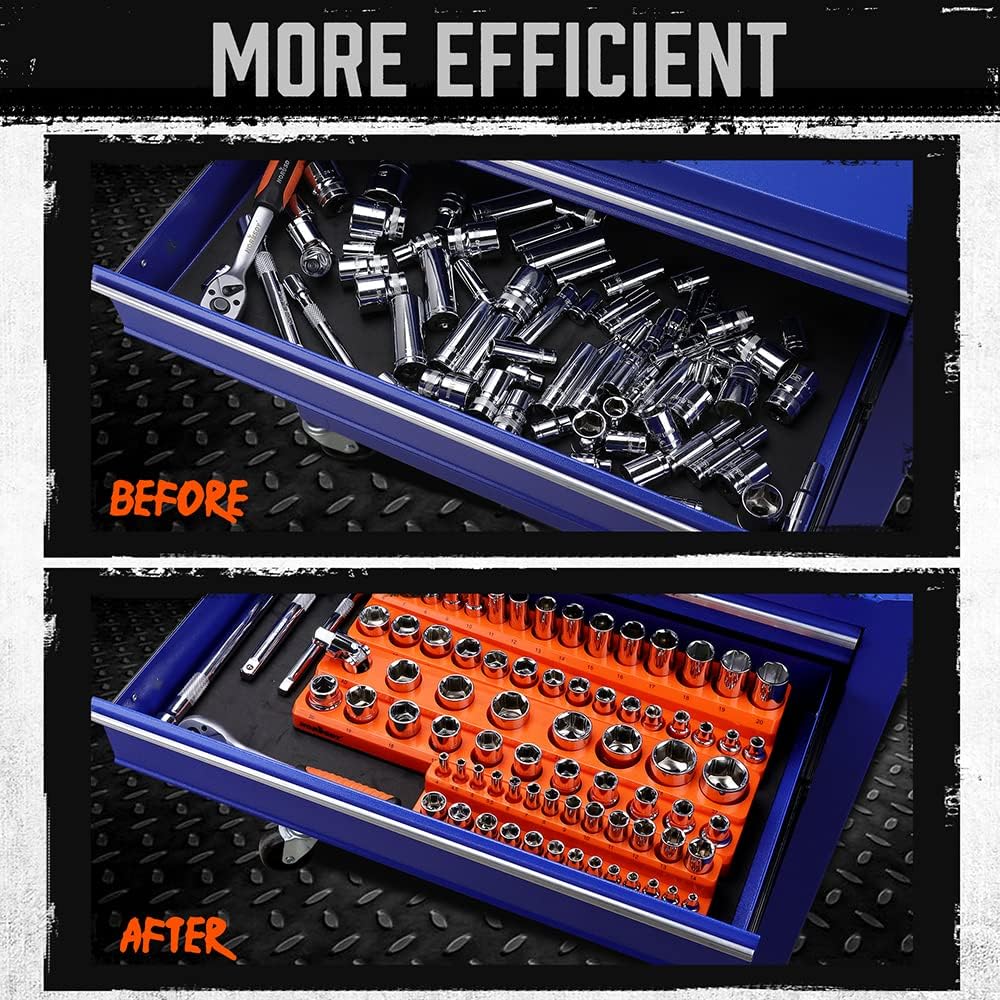 3-piece magnetic socket organizer set with 75 slots, orange metric socket holders for 1/4, 3/8 and 1/2 inch drive sockets, suitable for toolboxes and workshop storage.