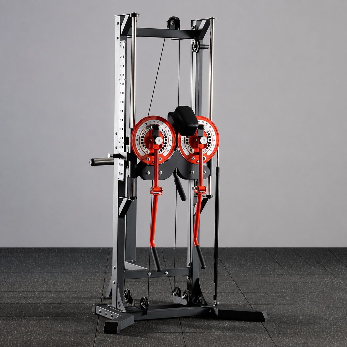 plate loaded lateral raise machine with adjustable arms, headrest, pulley system and steel frame for home gym shoulder training