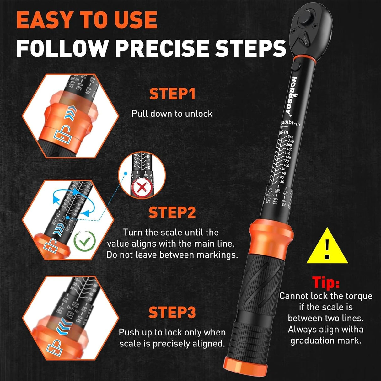 HORUSDY 3-Piece Torque Wrench Set – 1/4", 3/8", and 1/2" Drive – Dual Scale, ±3% Accuracy, Loud “Click” Sound, Extension Bar and Adapters Included