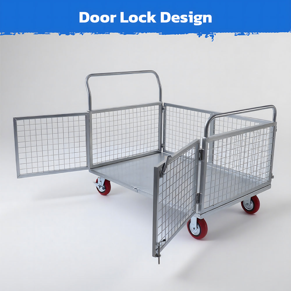 4-in-1 foldable blue caged platform trolley, 450kg load, heavy-duty steel cart with braked castors, flatbed warehouse and workshop cart AU