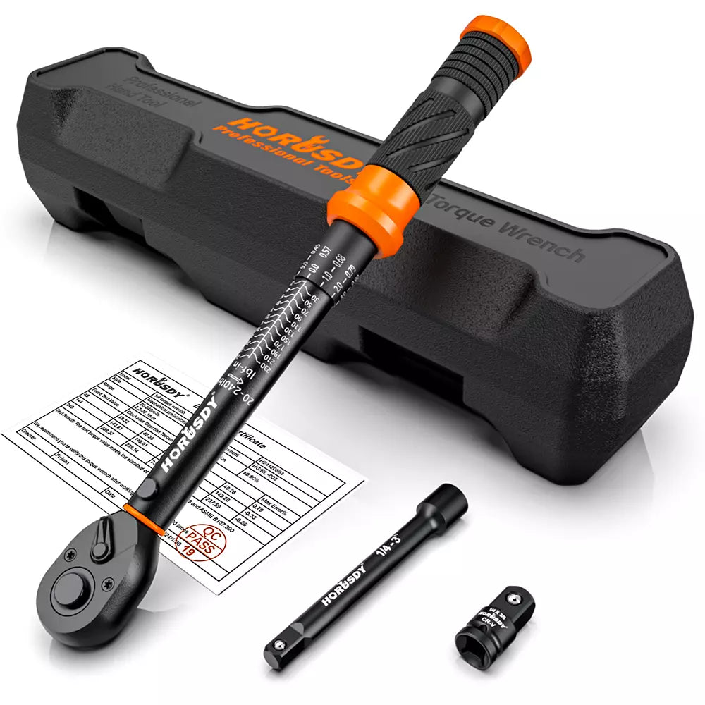 HORUSDY 1/4 inch torque wrench with dual scale, adapter, extension bar and plastic storage case