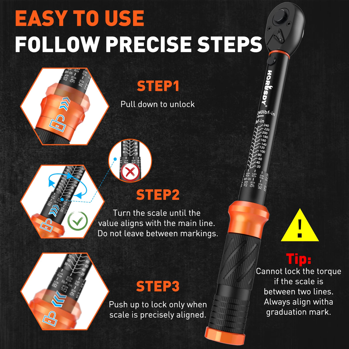 HORUSDY 1/4 inch torque wrench with dual scale, adapter, extension bar and plastic storage case