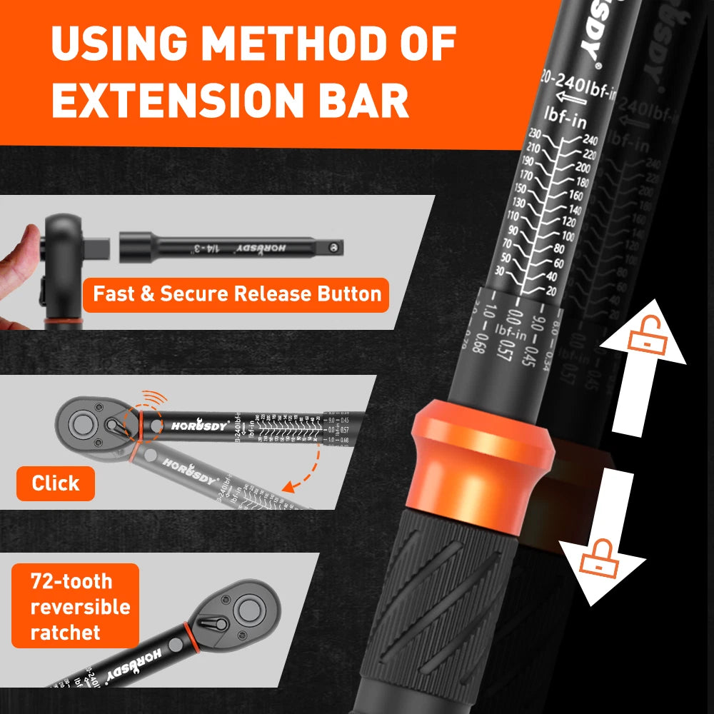 HORUSDY 1/4 inch torque wrench with dual scale, adapter, extension bar and plastic storage case