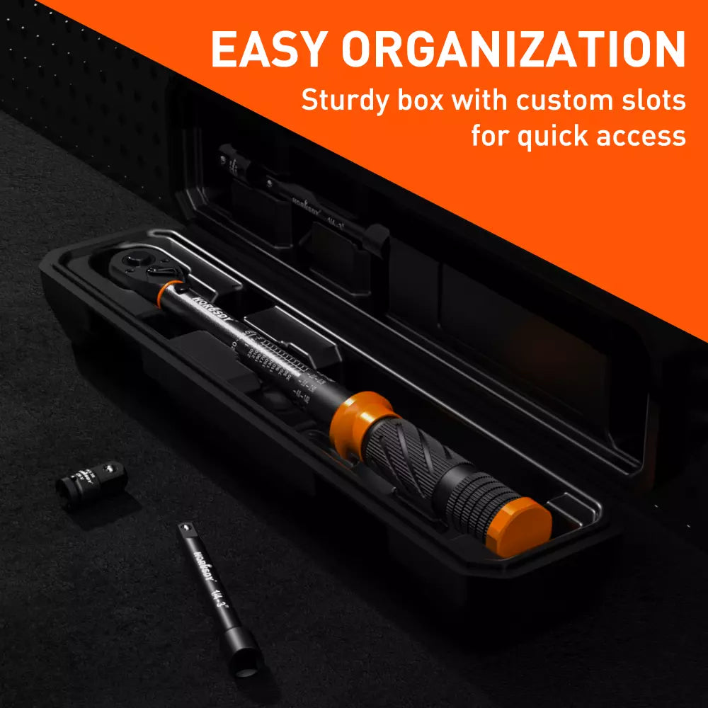 HORUSDY 1/4 inch torque wrench with dual scale, adapter, extension bar and plastic storage case
