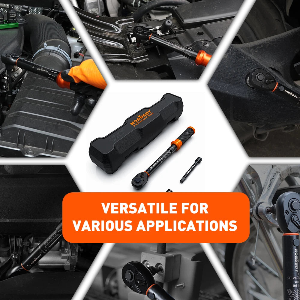 HORUSDY 1/4 inch torque wrench with dual scale, adapter, extension bar and plastic storage case