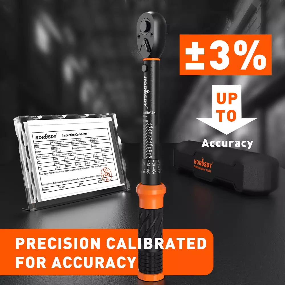 HORUSDY 1/4 inch torque wrench with dual scale, adapter, extension bar and plastic storage case