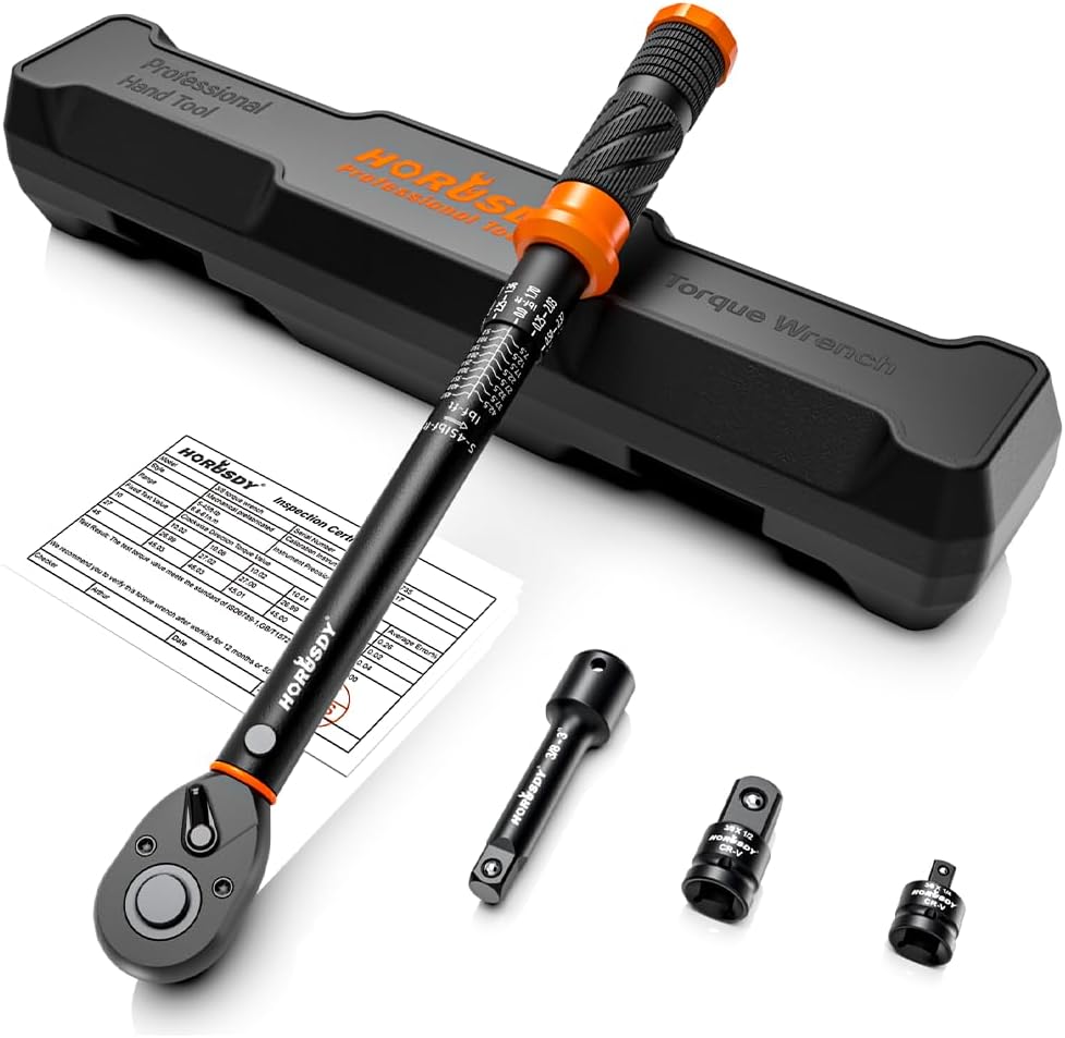HORUSDY 3/8 inch click torque wrench set with dual scale, adapters, extension bar and storage case