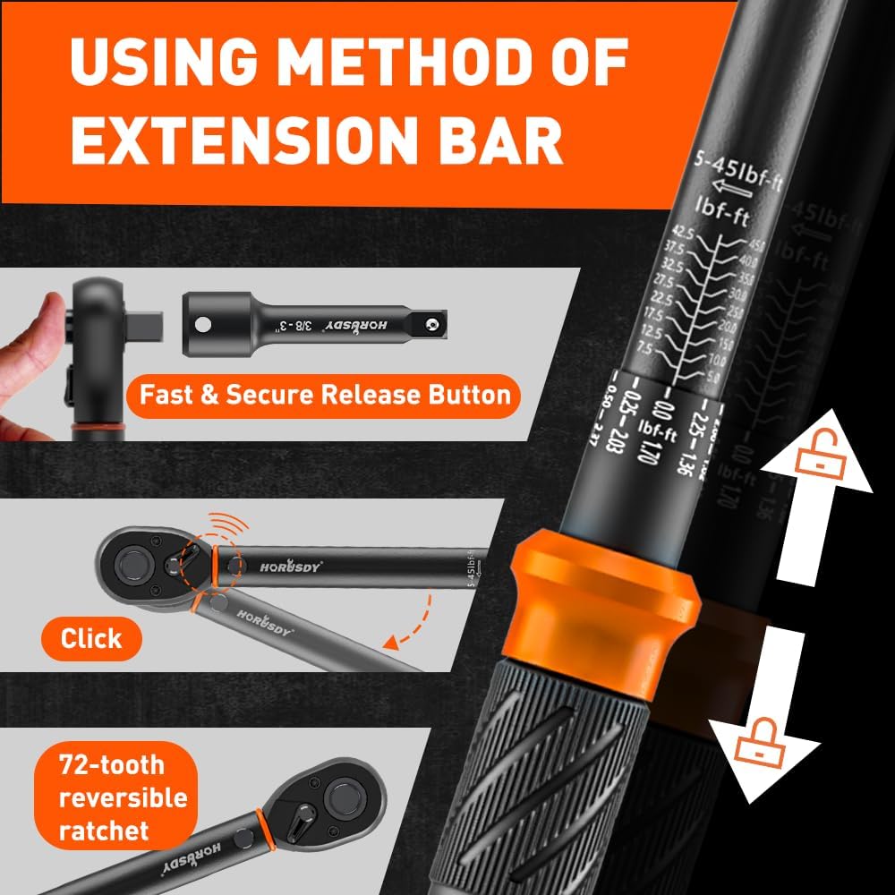 HORUSDY 3/8 inch click torque wrench set with dual scale, adapters, extension bar and storage case