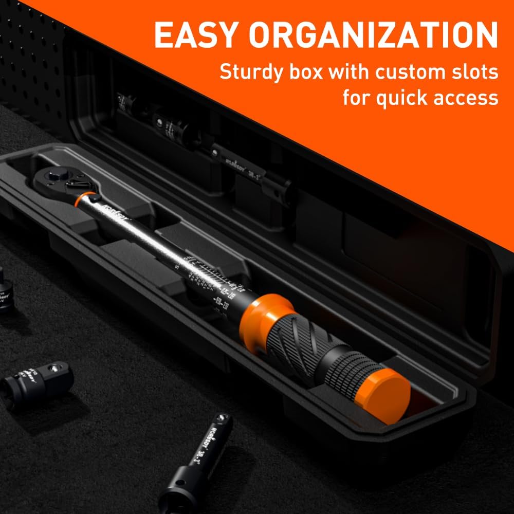 HORUSDY 3/8 inch click torque wrench set with dual scale, adapters, extension bar and storage case