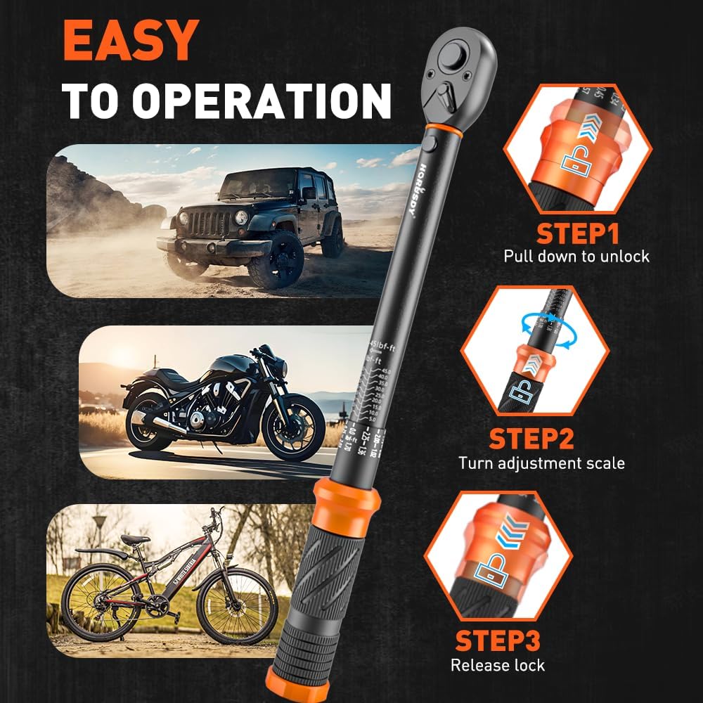 HORUSDY 3/8 inch click torque wrench set with dual scale, adapters, extension bar and storage case