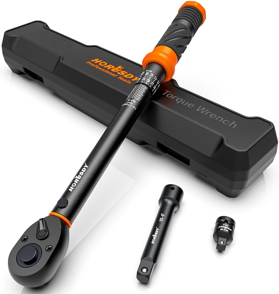 HORUSDY 1/2 inch drive click torque wrench with dual scale, adapter, extension bar, and storage case