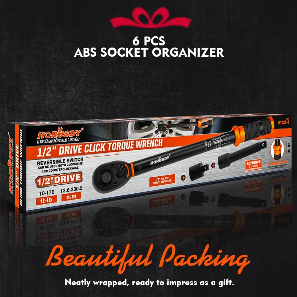 HORUSDY 1/2 inch drive click torque wrench with dual scale, adapter, extension bar, and storage case