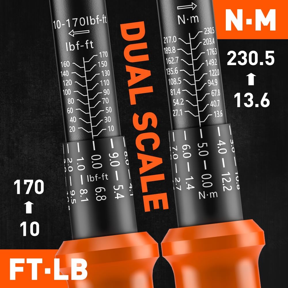 HORUSDY 1/2 inch drive click torque wrench with dual scale, adapter, extension bar, and storage case