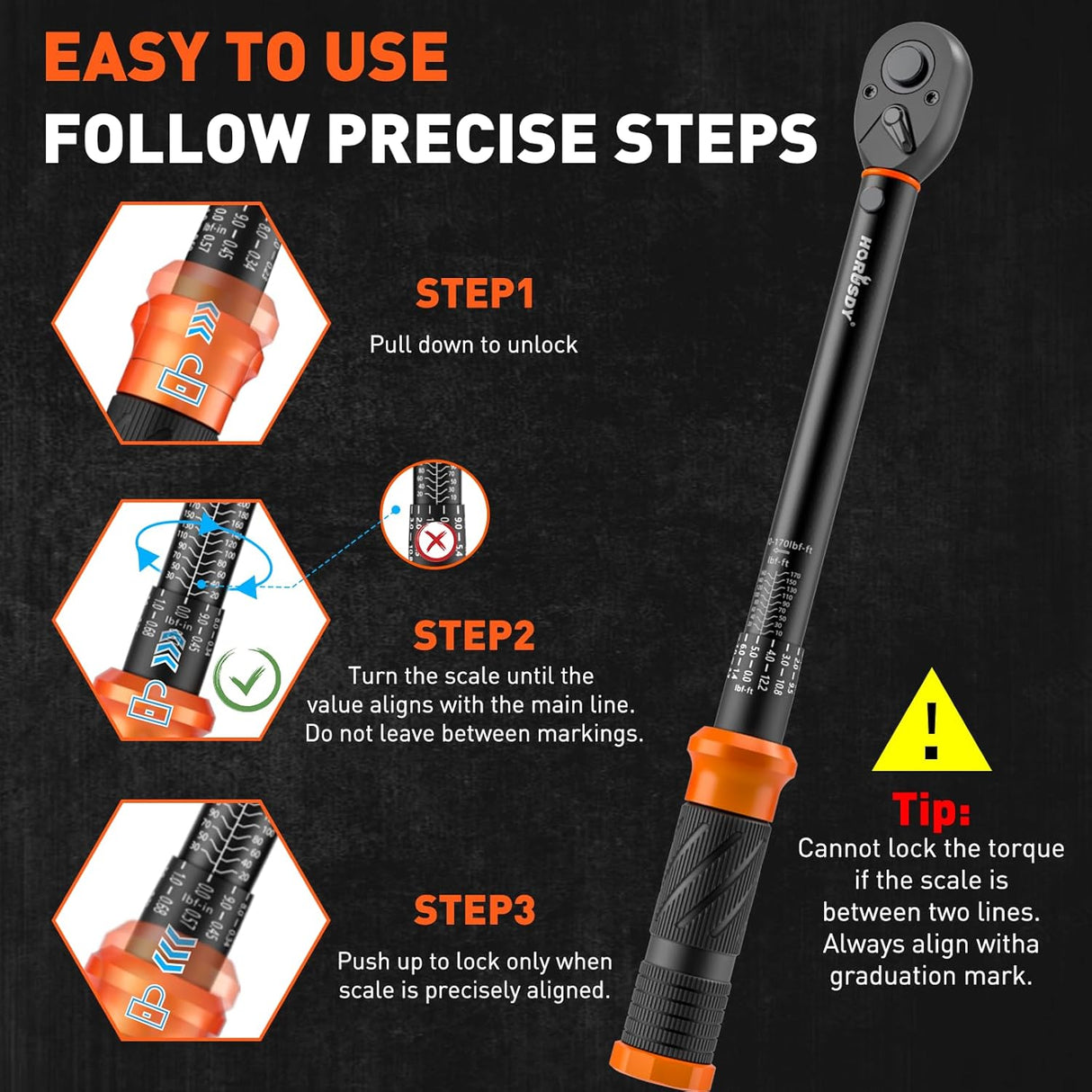 HORUSDY 1/2 inch drive click torque wrench with dual scale, adapter, extension bar, and storage case