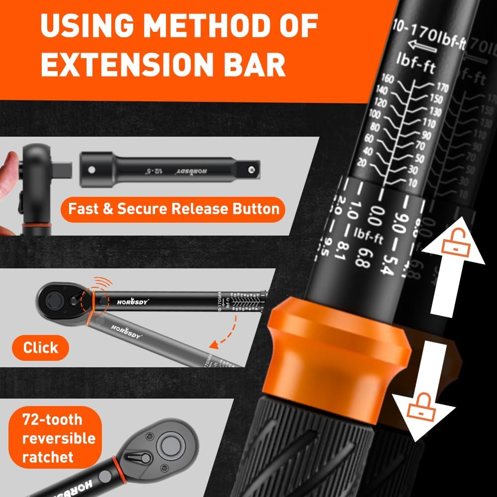 HORUSDY 1/2 inch drive click torque wrench with dual scale, adapter, extension bar, and storage case