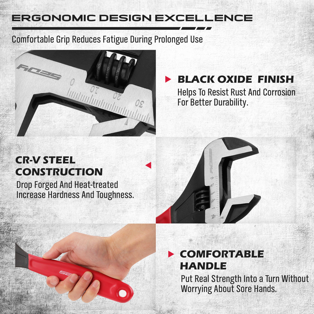 3-piece adjustable wrench set with 6, 8 and 10 inch wide jaw CR-V steel crescent wrenches, metric and SAE scales, red comfort handles