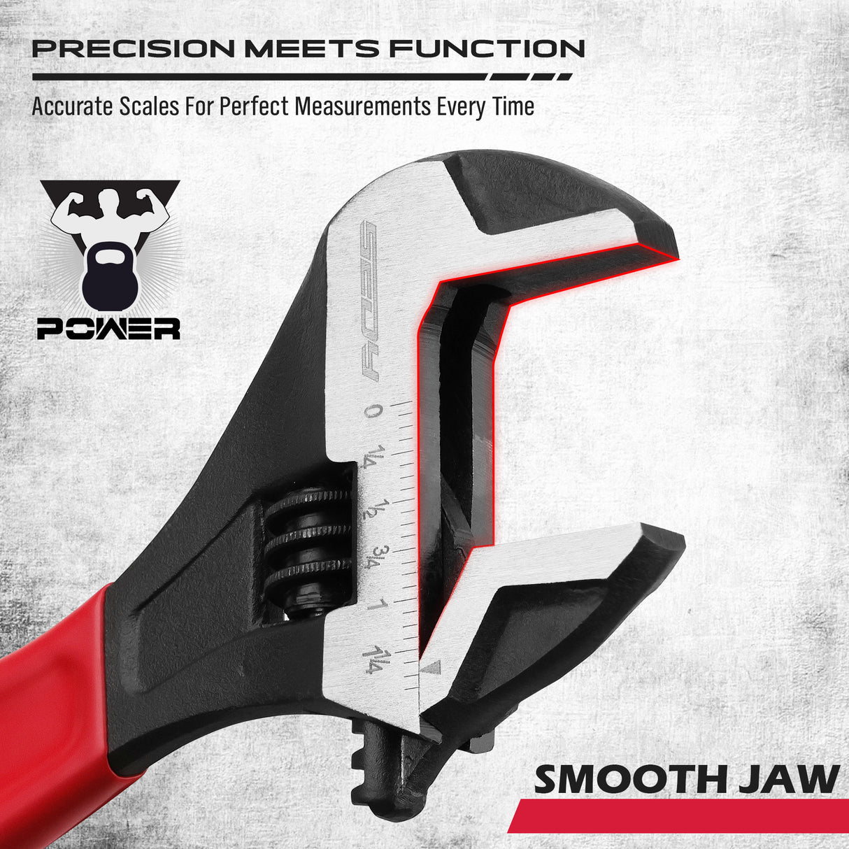 3-piece adjustable wrench set with 6, 8 and 10 inch wide jaw CR-V steel crescent wrenches, metric and SAE scales, red comfort handles