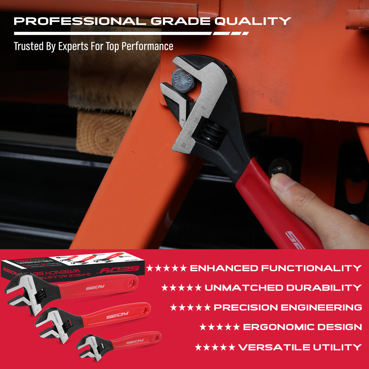 3-piece adjustable wrench set with 6, 8 and 10 inch wide jaw CR-V steel crescent wrenches, metric and SAE scales, red comfort handles