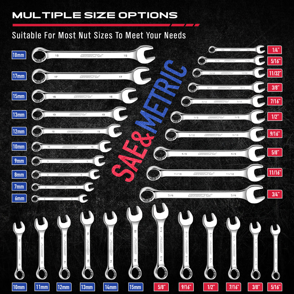 32-piece combination wrench set SAE and metric CR-V steel 12-point box end wrench set with stubby and standard sizes organizer rack