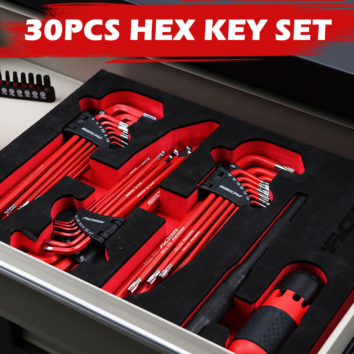 SEDY 30-piece long ball-end hex and Torx key set with T-handle and extension bar for mechanical, bicycle, automotive and workshop use