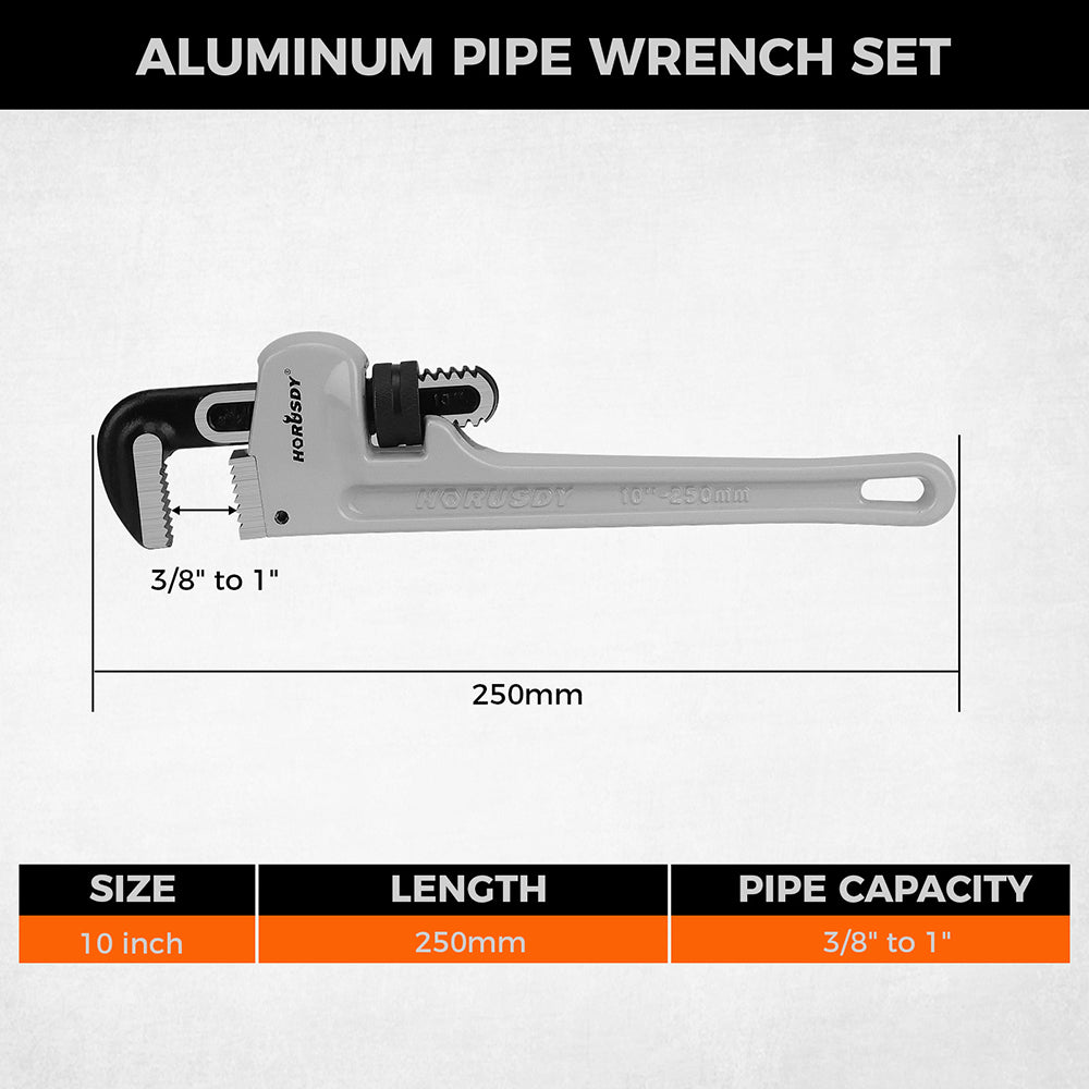 10 inch aluminum pipe wrench with V-shaped alloy steel teeth, lightweight straight pipe wrench for plumbing and repair
