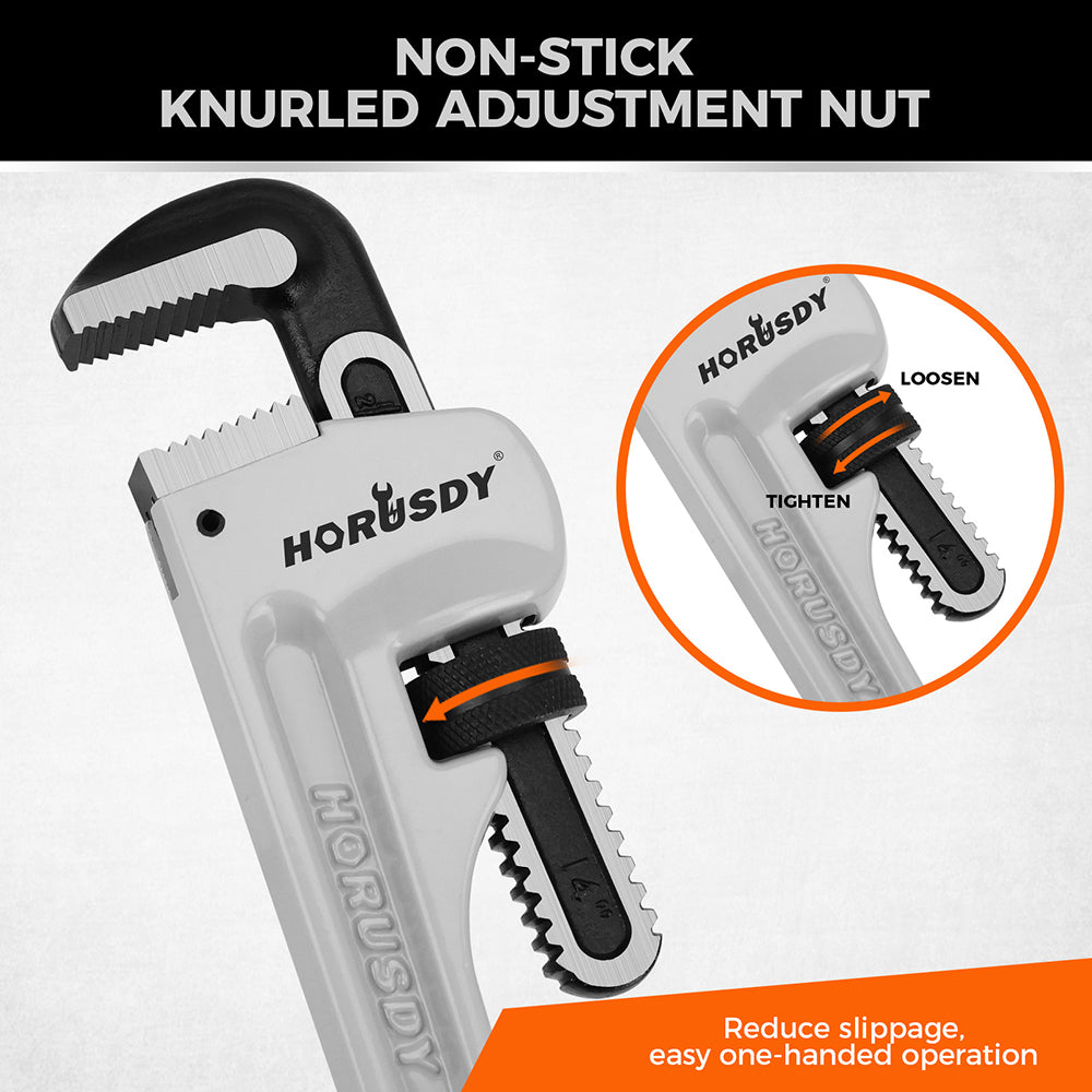 14 inch aluminum straight pipe wrench with 30 degree V-shaped alloy steel teeth, lightweight heavy duty plumbing wrench