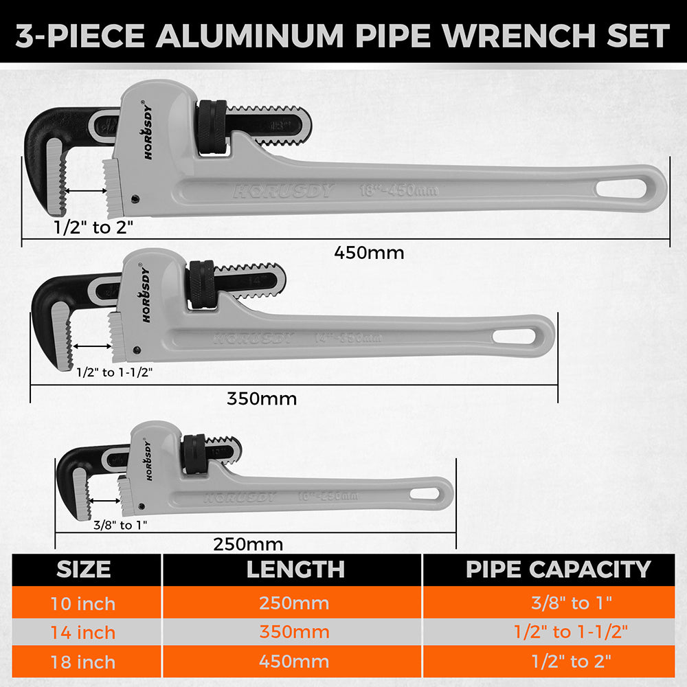 3-piece aluminum straight pipe wrench set including 10, 14 and 18 inch wrenches with V-shaped steel teeth for plumbing and repair