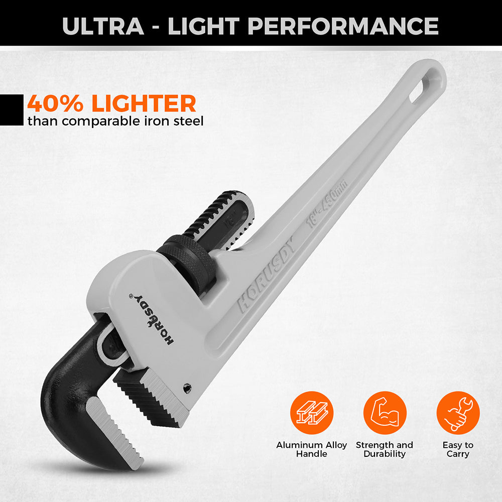 3-piece aluminum straight pipe wrench set including 10, 14 and 18 inch wrenches with V-shaped steel teeth for plumbing and repair