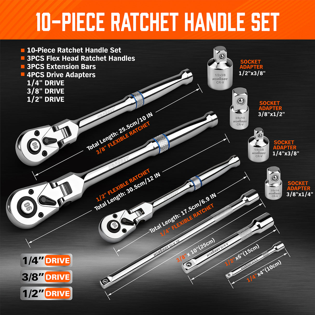 10-piece 90-tooth flex-head ratchet handle set with adapters and extension bars for automotive and mechanical work