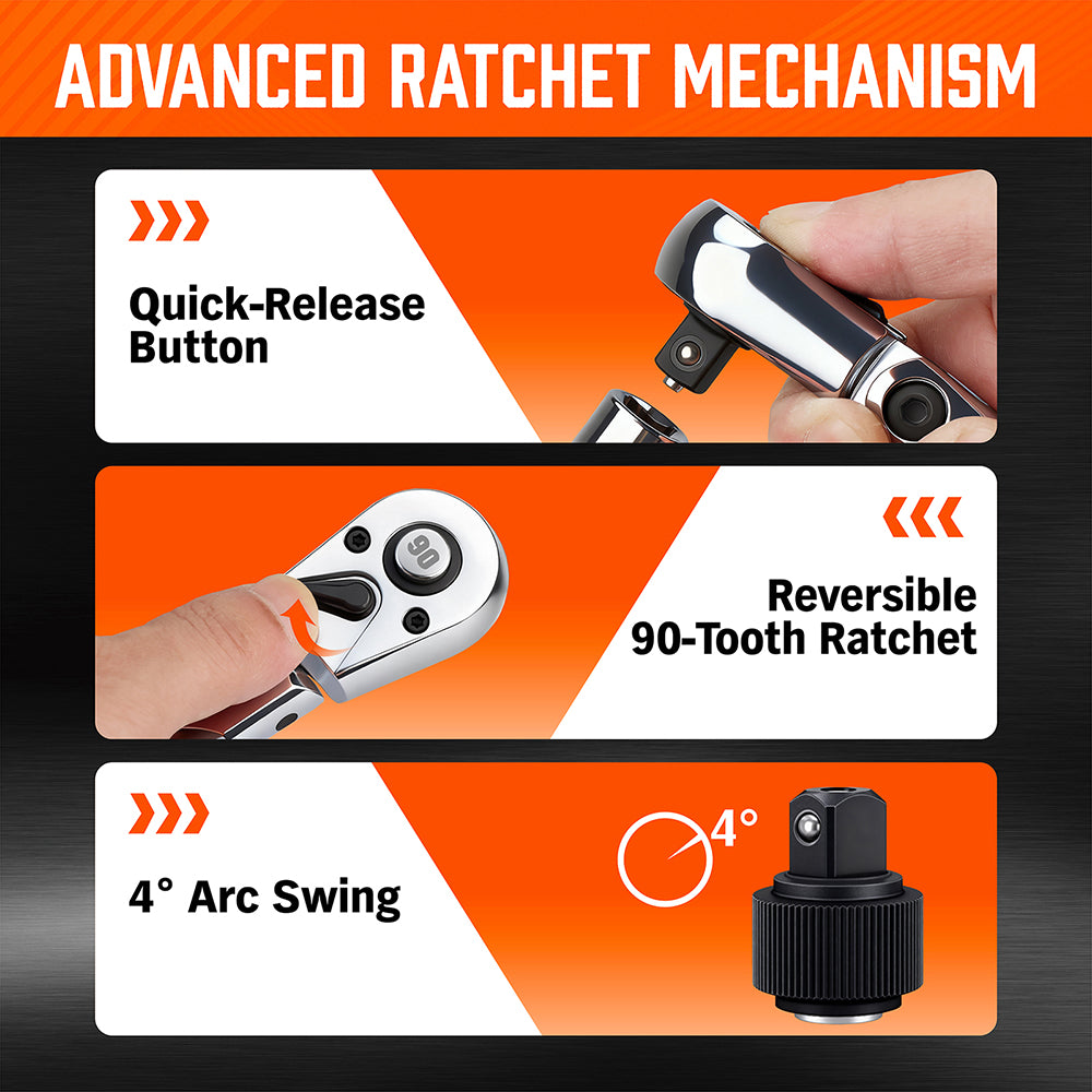 10-piece 90-tooth flex-head ratchet handle set with adapters and extension bars for automotive and mechanical work